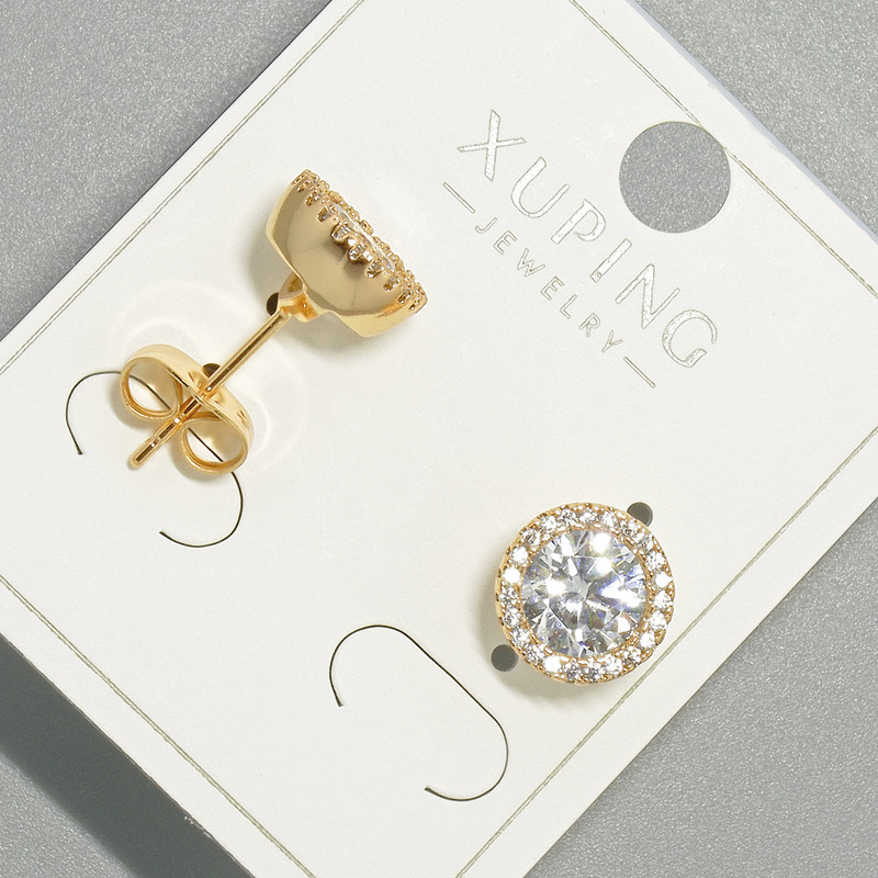 Kolczyki sztyfty Xuping z białym kryształem i białymi cyrkoniami, okrągła oprawa, średnica 9,5 mm, pozłacane 18K