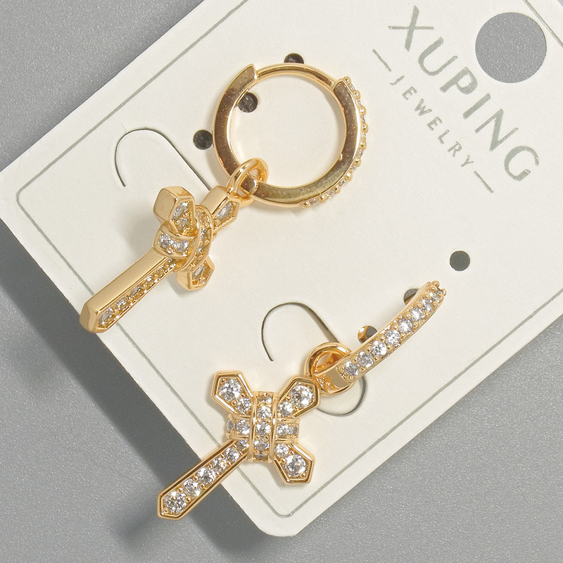Kolczyki „Krzyż” Xuping z białymi kryształami, średnica 12×22 mm, długość około 30,5 mm, pozłocenie 18K