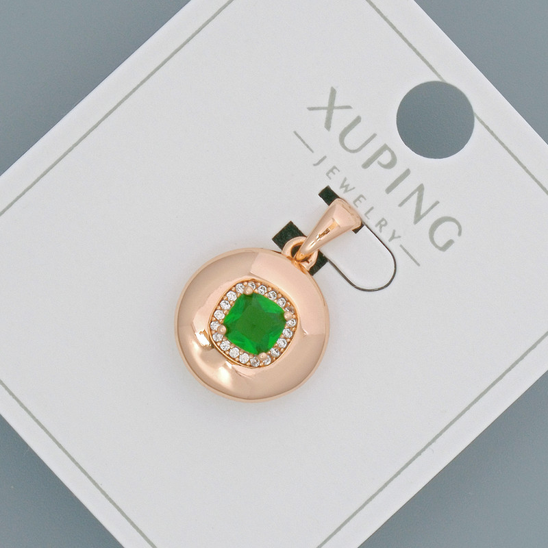 Wisiorek Xuping z zielonym kryształem i białymi cyrkoniami, średnica 14 mm, długość 20 mm, pozłacanie 18K