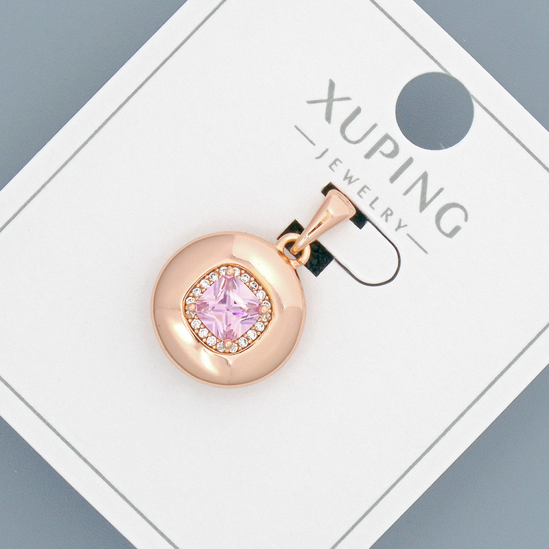 Wisiorek Xuping z różowym kryształem i białymi cyrkoniami, średnica 14 mm, długość 20 mm, pozłacanie 18K