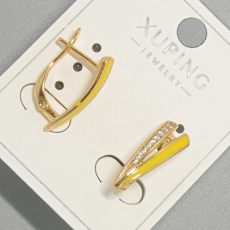 Kolczyki Xuping z białymi kryształami i żółtą emalią, średnica 6x18 mm, pozłacane 18K