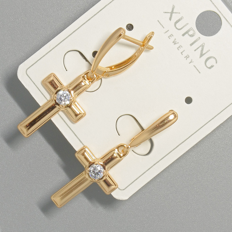 Kolczyki „Krzyż” Xuping z białym kryształem, średnica 13×22 mm, długość 34,5 mm, pozłacane 18K