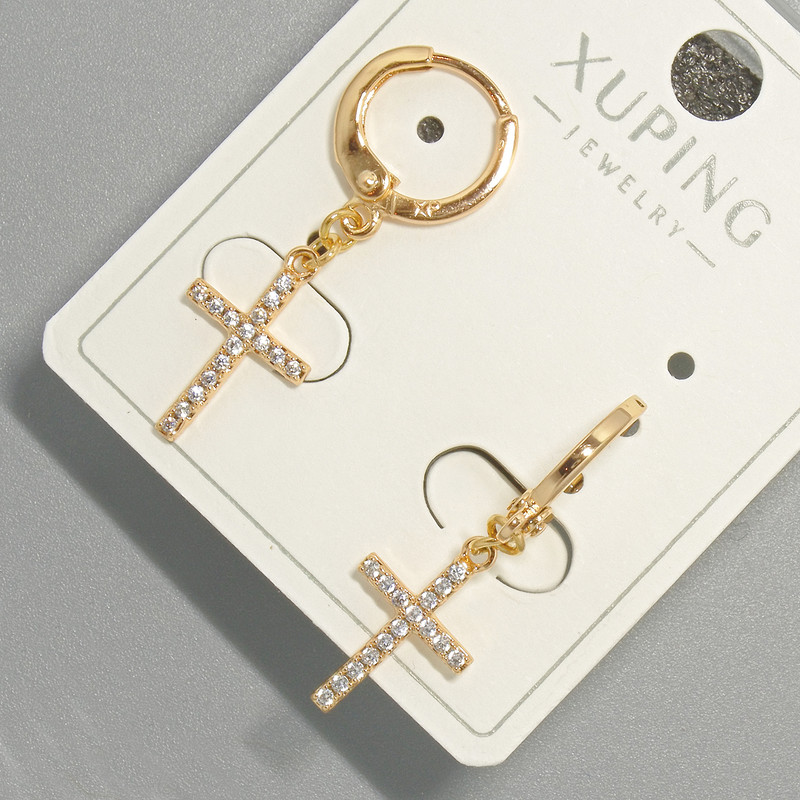 Kolczyki «Krzyż» Xuping z białymi kryształami, średnica 9×15 mm, długość 30 mm, pozłacanie 18K