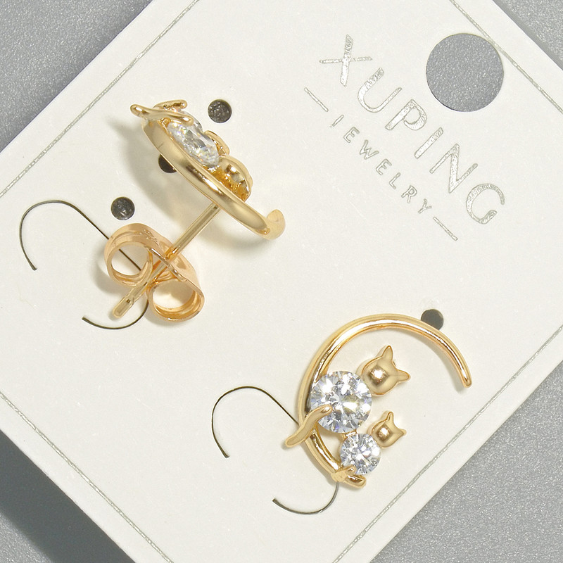 Kolczyki sztyfty 'Kotki' Xuping z białymi kryształami, średnica 10×14 mm, pozłacane 18K