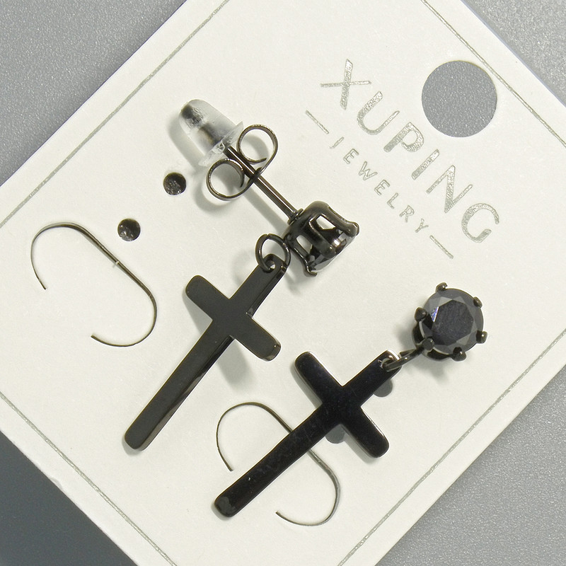 Kolczyki sztyfty Xuping «Krzyż» czarne z czarnym kryształem, średnica 10×18 mm, długość 24,5 mm+