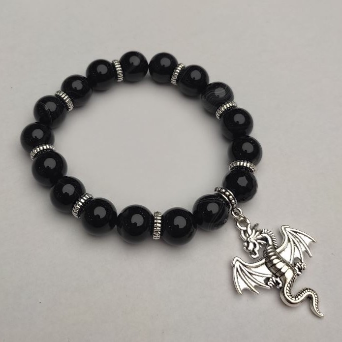Bransoletka z czarnego agatu (prasowany) gładka kulka, średnica około 10 mm, długość około 18 cm (rozciągliwa) z metalowymi wstawkami