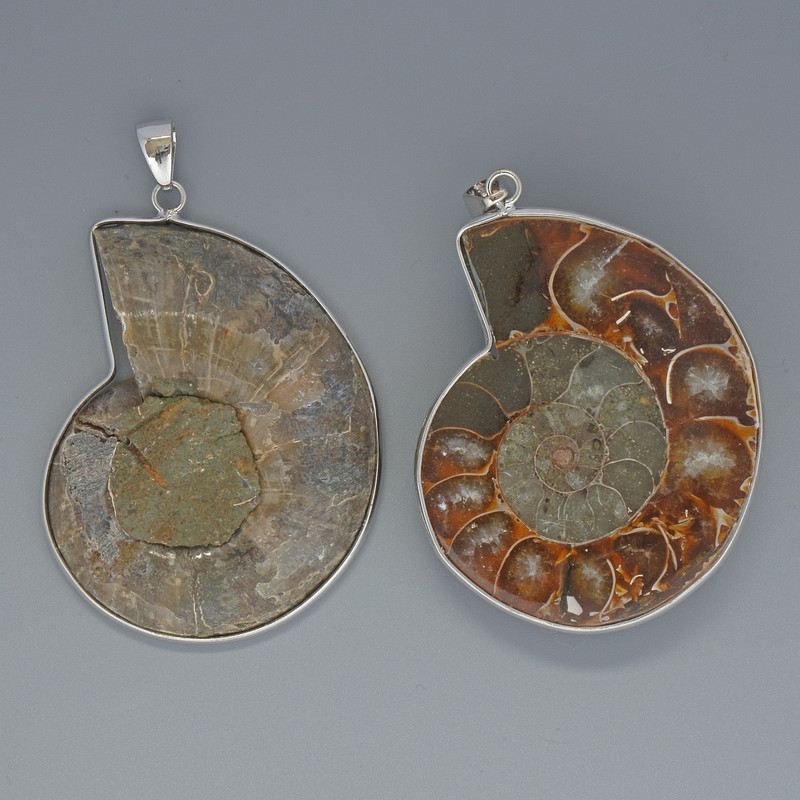 Wisiorek z amonitu, średnica w asortymencie od 35×43 mm do 37×45 mm, długość 53 mm +/- w srebrzystej oprawie, różne rozmiary