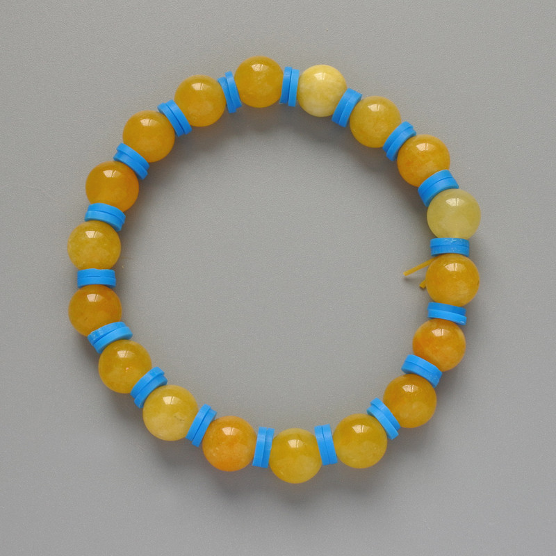 Bransoletka „Ukraina” z cytrynem, gładkie kuleczki, średnica 8,5 mm, długość 18 cm ± (rozciągliwa), z wstawkami z gliny polimerowej