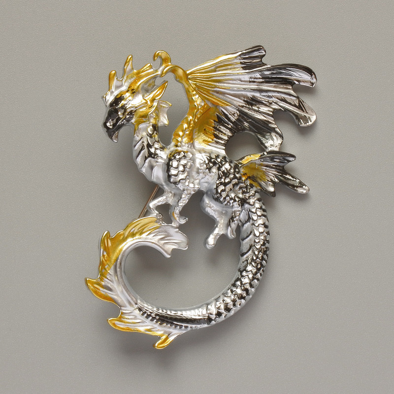 Broszka-kulon Smok, żółta, czarna i szara matowa emalia, metal srebrzysty 42×58 mm