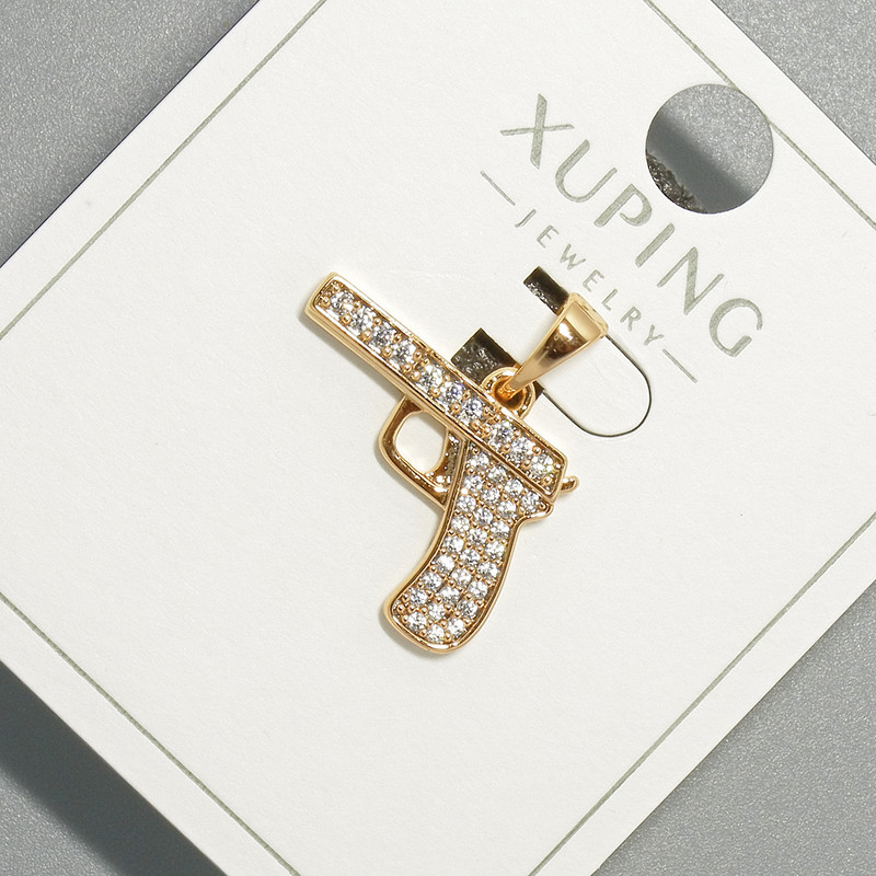 Wisiorek „Pistolet” Xuping z białymi kryształami, średnica 18×13 mm, grubość 5 mm, długość 20,5 mm, pozłacanie 18K