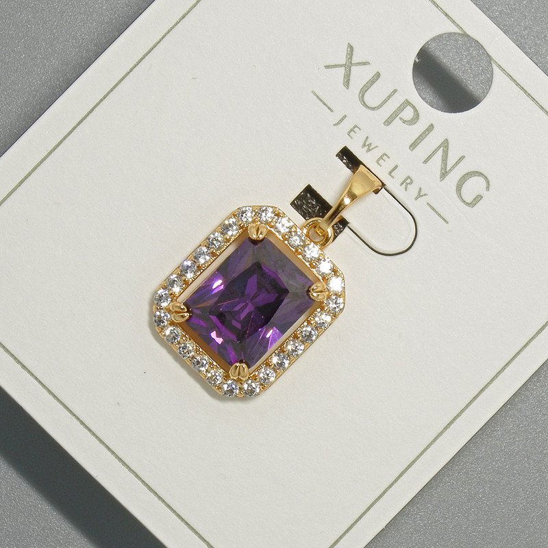Wisiorek Xuping z fioletowym kryształem i białymi cyrkoniami, średnica 13×15 mm, długość 23 mm, pozłacany 18K