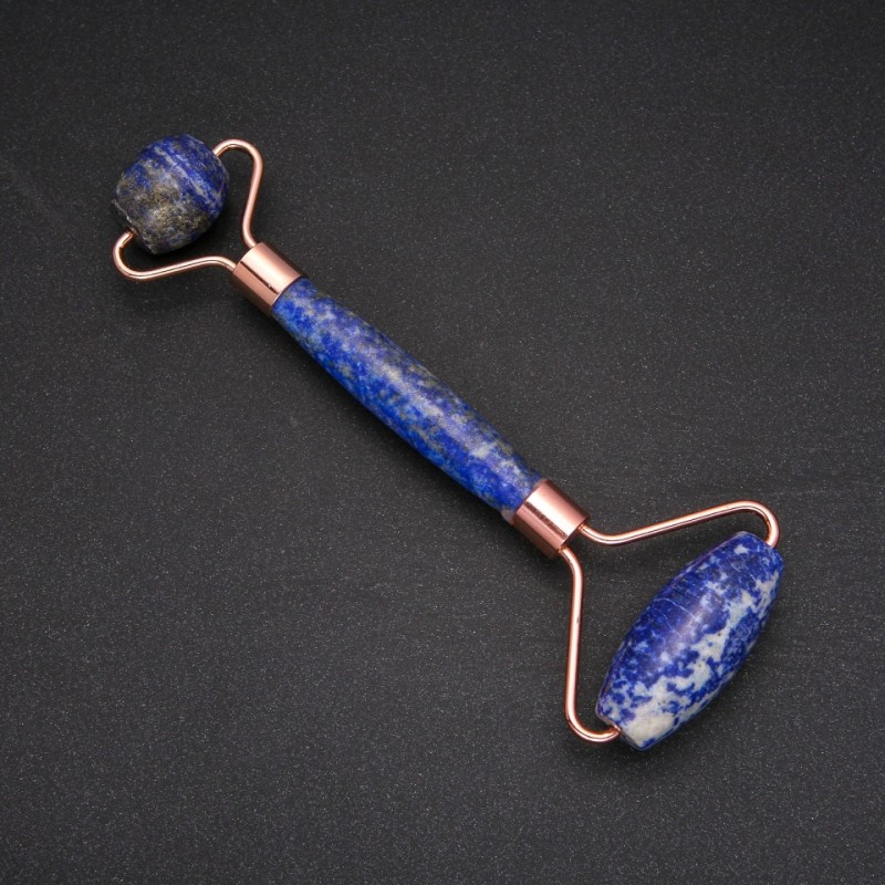 Masażer z kamienia lazurytu dwustronny, długość 14,5 cm, złoty metal