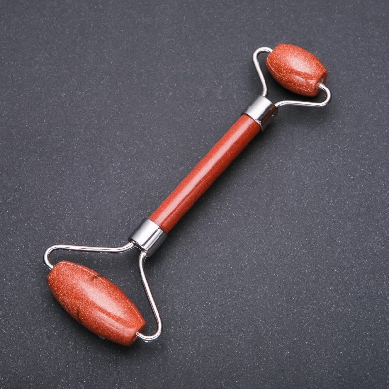 Masażer z kamienia awenturyt – Złoty piasek, dwustronny, długość 14,5 cm, srebrny metal