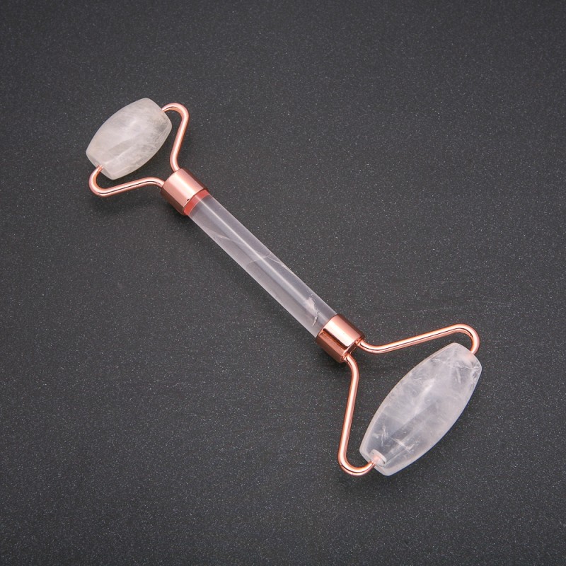Masażer rolkowy z kamienia naturalnego – Kryształ górski, długość 14,5 cm, miedziany kolor elementów metalowych