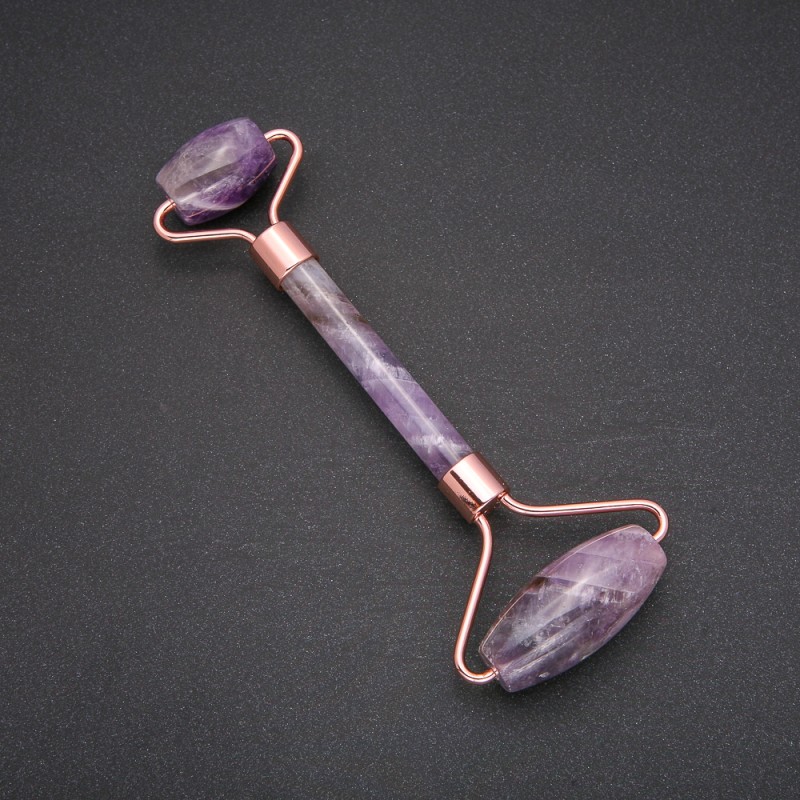 Masażer rolkowy z naturalnego ametystu, złoty metal, długość 14,5 cm