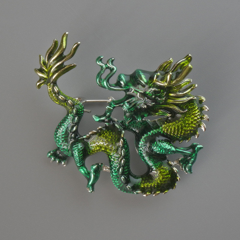 Broszka-wisiorek «Smok», zielona i limonkowa emalia, srebrzysty metal 44×37 mm