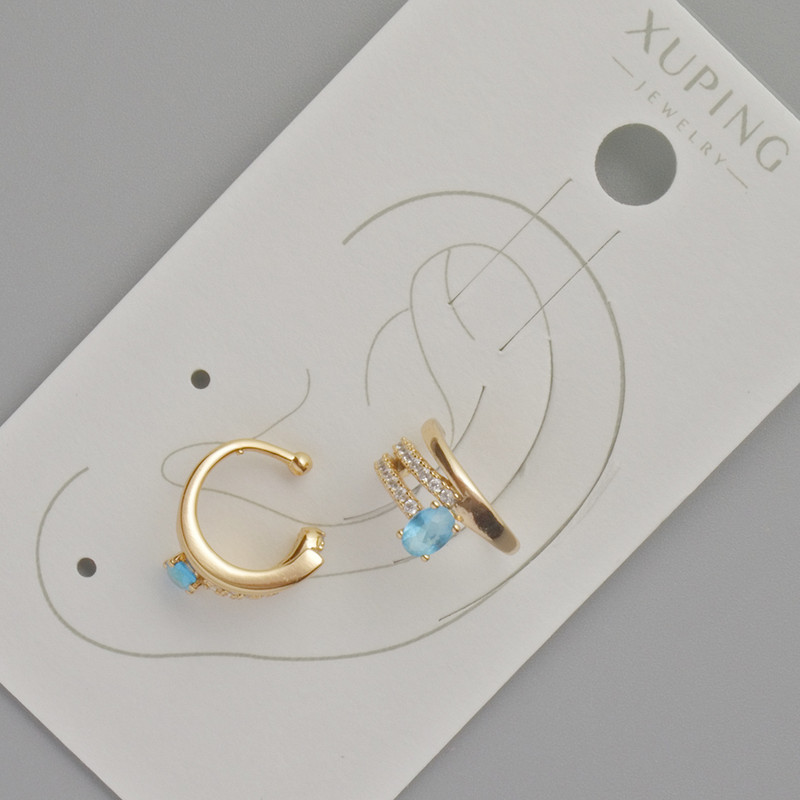 Kaf Xuping z błękitnym kryształem i białymi cyrkoniami, średnica 11,5×5,5 mm, pozłacanie 18K