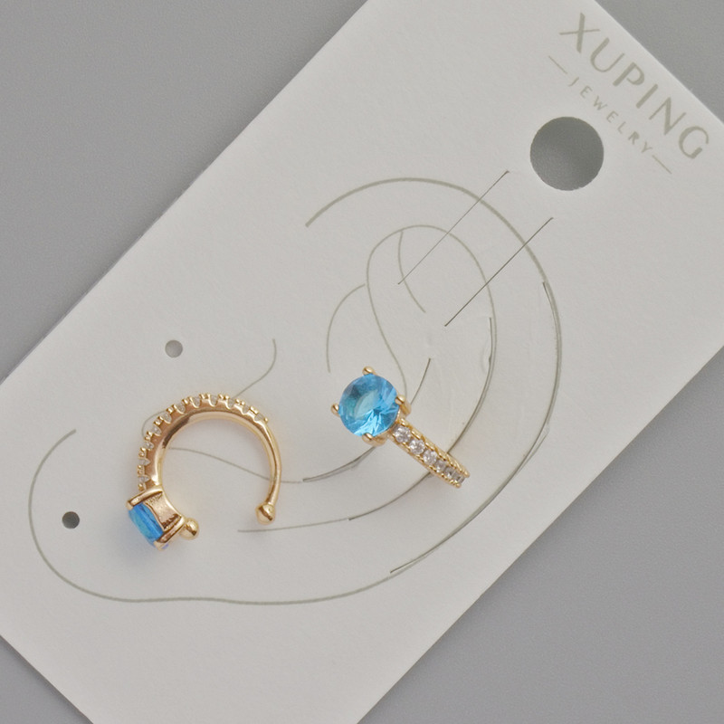 Klipsy Xuping z błękitnym kryształem i białymi cyrkoniami, średnica 13×5 mm, pozłacane 18K