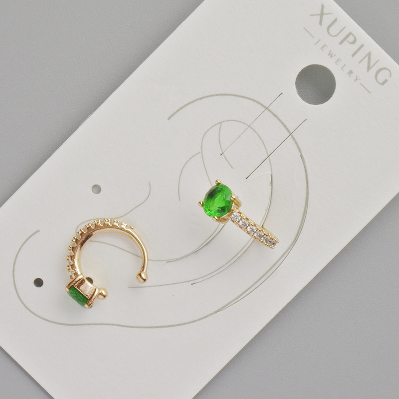 Kaf Xuping z zielonym kryształem i białymi cyrkoniami, średnica 13×5 mm, pozłacanie 18K