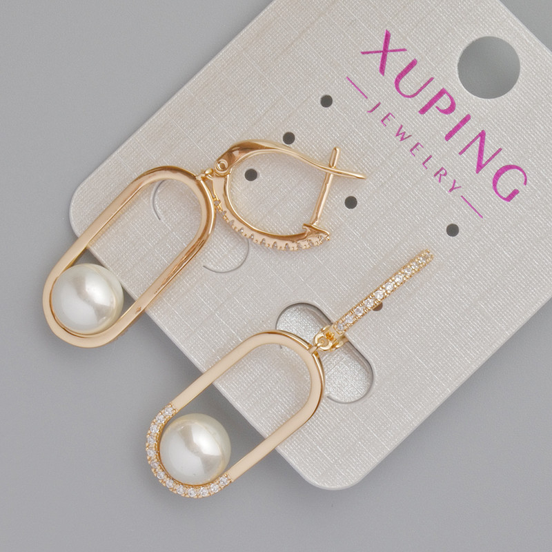 Kolczyki Xuping z białymi cyrkoniami i koralikami Majorka, średnica 24×11 mm, długość 40 mm, Pozłacane 18K