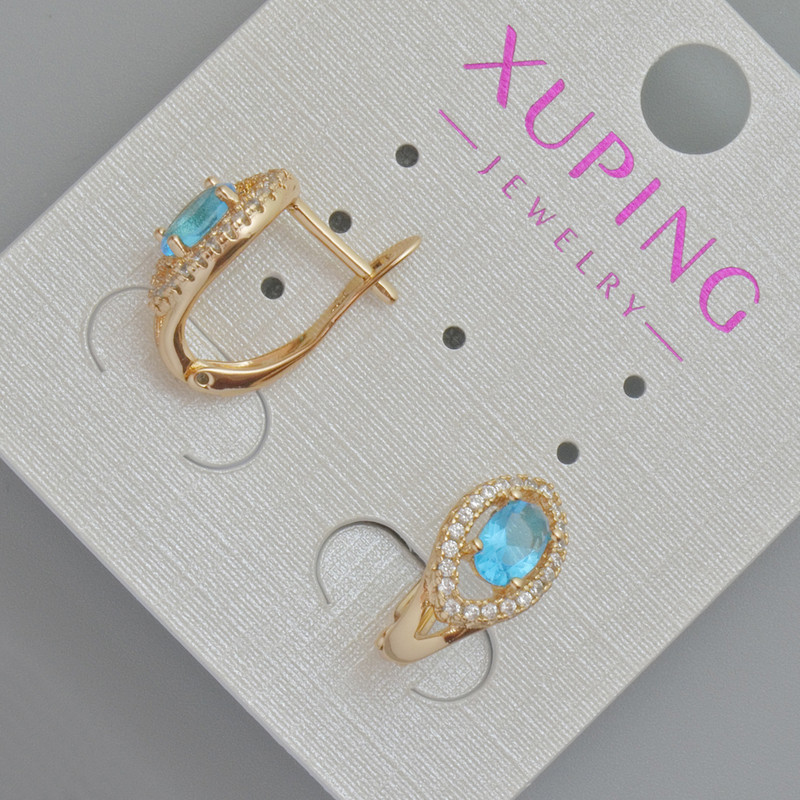 Kolczyki Xuping z błękitnym kryształem i białymi cyrkoniami, średnica 14×7 mm ± Pozłacanie 18K