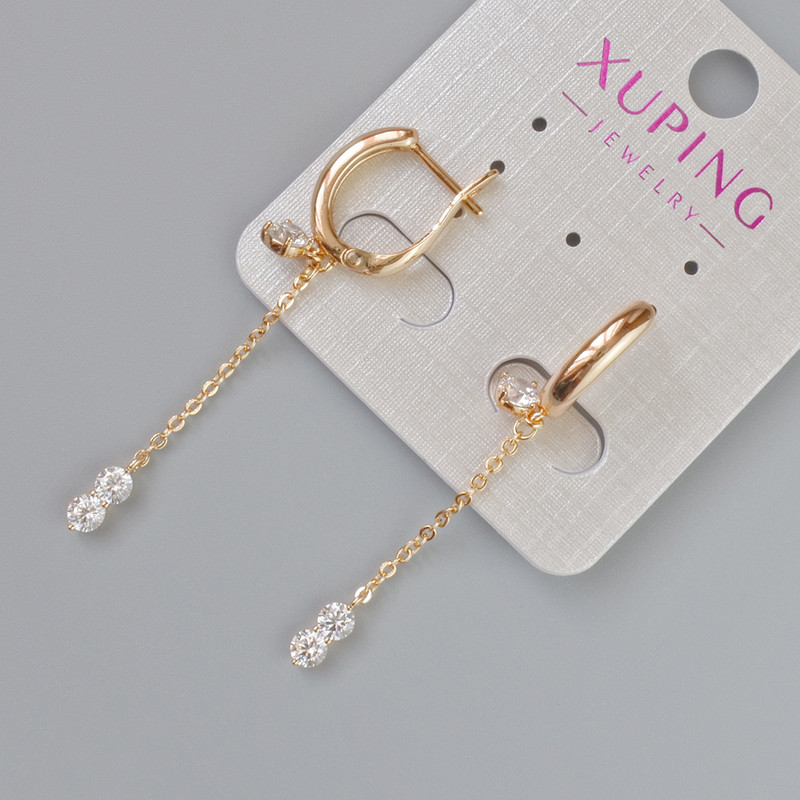 Kolczyki Xuping z białymi kryształami, średnica 7,5×3,5 mm, długość 49 mm, pozłacane 18K