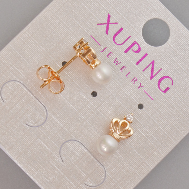 Kolczyki sztyfty Xuping „Korona” z białym koralikiem i cyrkoniami, średnica 12×6 mm ±, pozłacane 18K