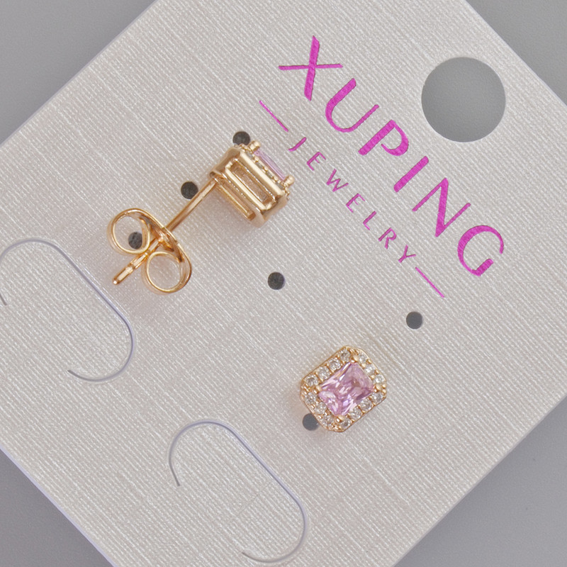 Kolczyki sztyfty Xuping z różowym kryształem i białymi cyrkoniami, średnica 6,5×5,5 mm – pozłacane 18K