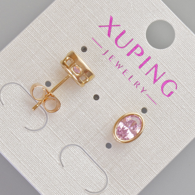 Kolczyki sztyfty Xuping z różowym kryształem, średnica 8,5×6,5 mm, pozłacane 18K