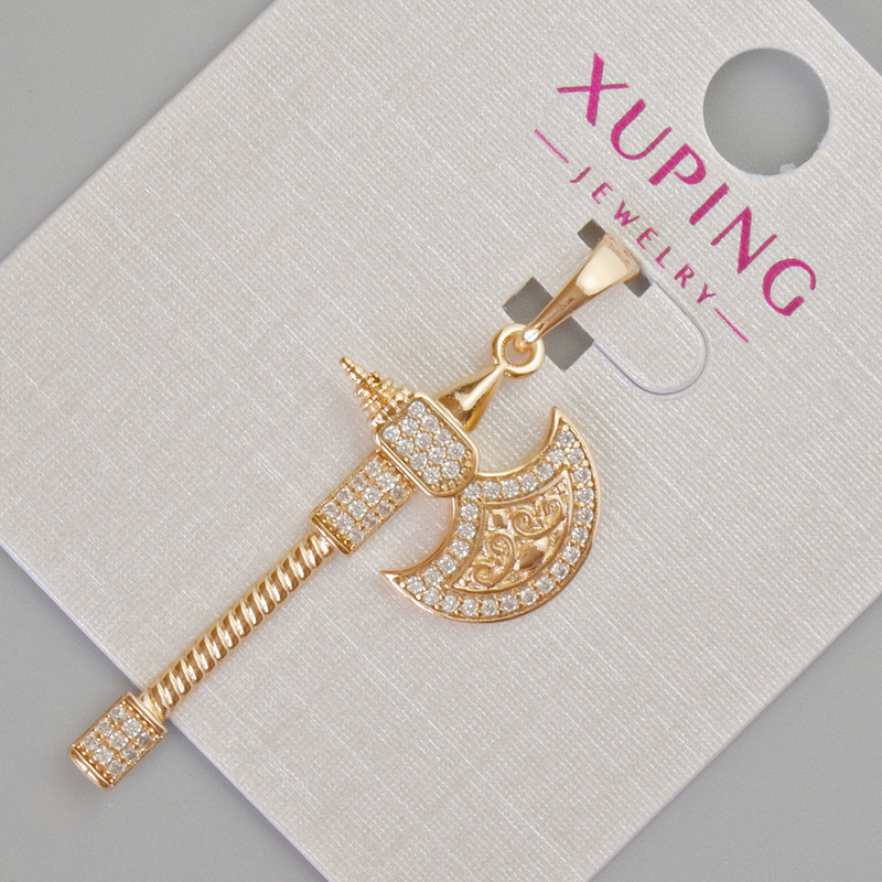 Wisiorek Xuping "Siekiera" z białymi kryształami, średnica 40×17 mm ± Pozłacanie 18K