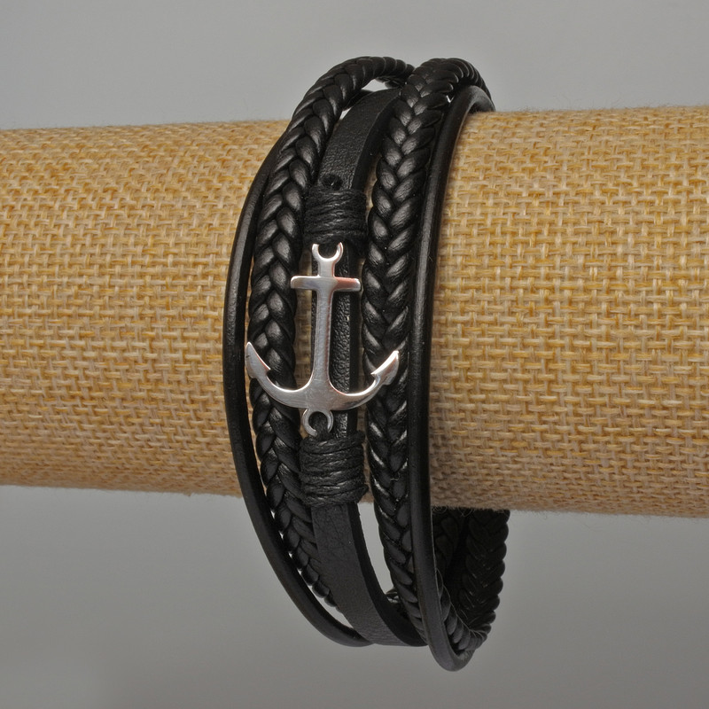 Bransoletka męska z metalowymi wstawkami «Kotwica», długość 21 cm, grubość 24 mm, czarna ekoskóra