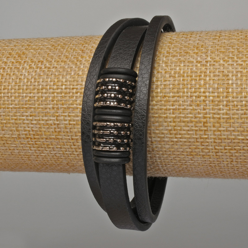 Męska bransoletka z metalowymi wstawkami, długość 21 cm, grubość 21 mm, czarna ekoskóra