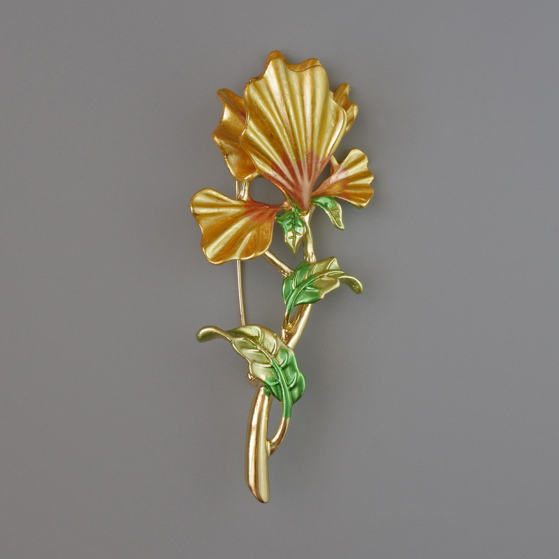 Broszka Irys żółto-zielona emalia 78×34 mm, metal złocisty