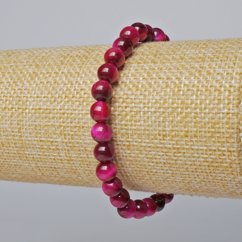 Bransoletka Malinowe Kocie Oko z naturalnego kamienia, gładka kulka, średnica 6,5 mm, długość 18 cm, elastyczna