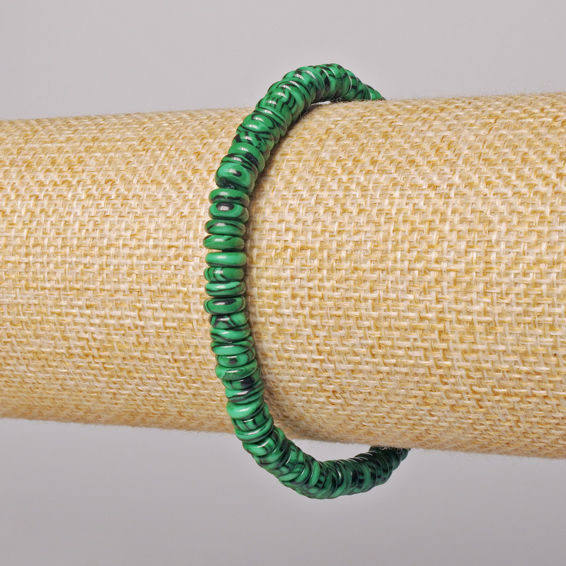 Bransoletka z malachitu (prasowana) gładkie rondelki, średnica 6×2 mm, długość 18 cm (elastyczna)