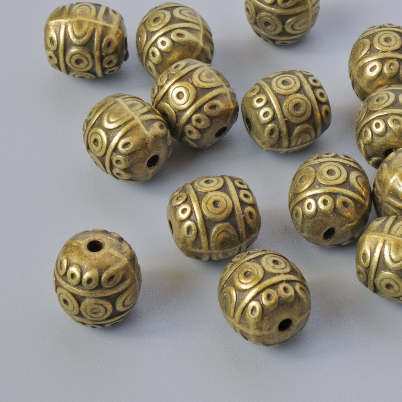 Koralik-wkładka, brązowy kolor metalu, średnica 7,5×7 mm, otwór 1,2 mm, zestaw 14 szt.
