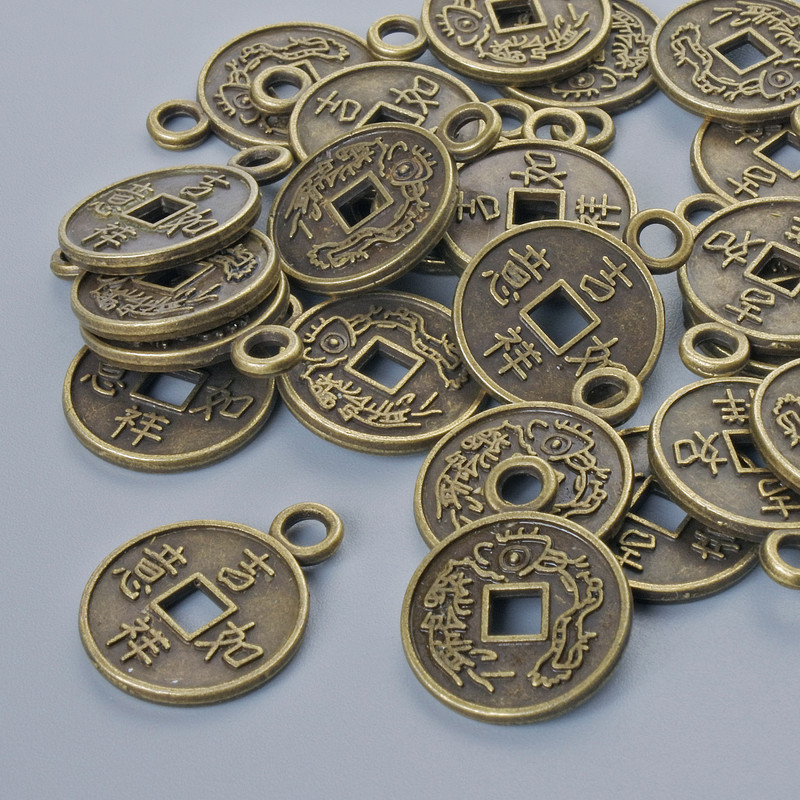 Zawieszka „Chińska moneta”, średnica 17×13 mm, średnica otworu 2,3 mm, opakowanie 24 szt., brązowy kolor metalu