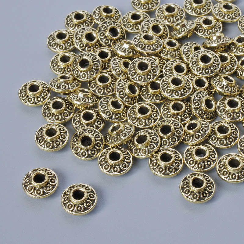 Koraliki-wkładki, 3×6,5 mm, średnica otworu 1,9 mm, opakowanie 46 szt., kolor metalu jasnozłoty
