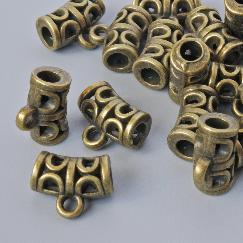 Uchwyt bajla do biżuterii, średnica 12×6 mm, otwór 1,7 mm i 3 mm, długość 9,5 mm, opakowanie 18 sztuk, kolor metalu: brązowy