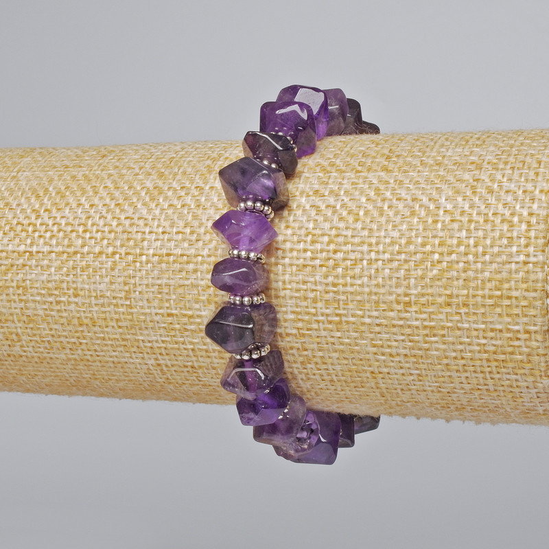 Bransoletka z ametystu naturalnego, fasetowane koraliki rondelowe, średnica 10×7 mm ±, długość 18 cm ± (na elastycznej żyłce) z metalowymi wstawkami
