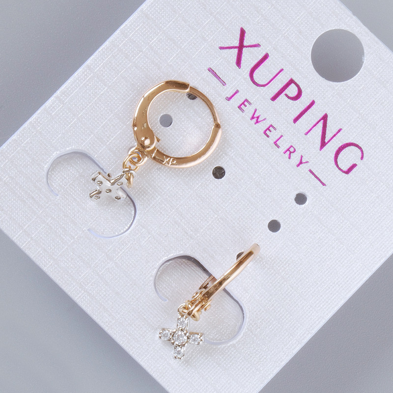 Kolczyki «Krzyż» Xuping z białymi cyrkoniami, średnica 7,5×6 mm, długość 23 mm, pozłacane 18K