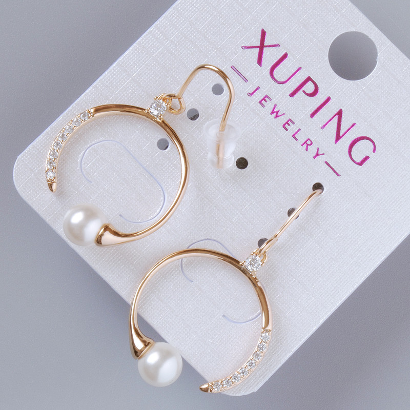 Kolczyki Xuping z białymi cyrkoniami i koralikiem, średnica 25×19, 5 mm, długość 37 mm ±, bez zapięcia, pozłacane 18K