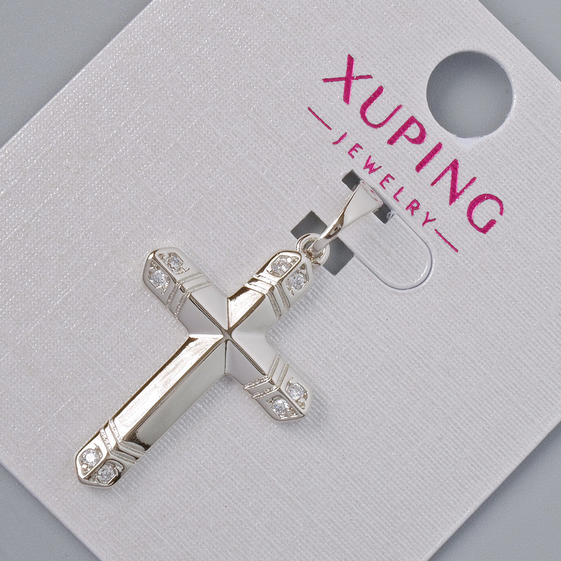 Wisiorek «Krzyż» Xuping z białymi strassami, średnica 26,5×17,5 mm, długość 32 mm, pokrycie rodowe