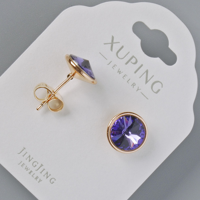 Kolczyki sztyfty Xuping z kryształami Swarovski, kolor fioletowy, średnica 10 mm, pozłacane 18K
