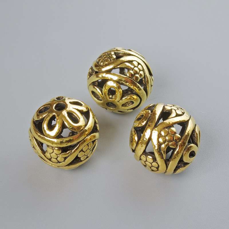 Wkładka koralikowa, średnica 14 mm, średnica otworu 2,1 mm, opakowanie 3 szt., złoty kolor metalu