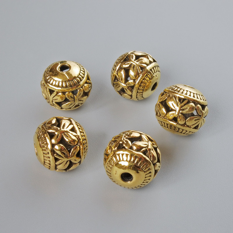 Koraliki-wkładka, średnica 10×10,5 mm, otwór 1,9 mm, opakowanie 5 szt. +/-, kolor złocisty metalu