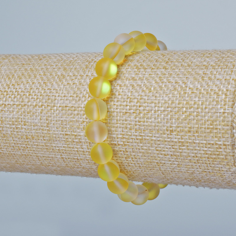 Bransoletka z żółtego szkła opalowego, gładka kulka, kolor żółty matowy z efektem kameleona, średnica 8 mm, długość 18 cm (rozciągliwa)
