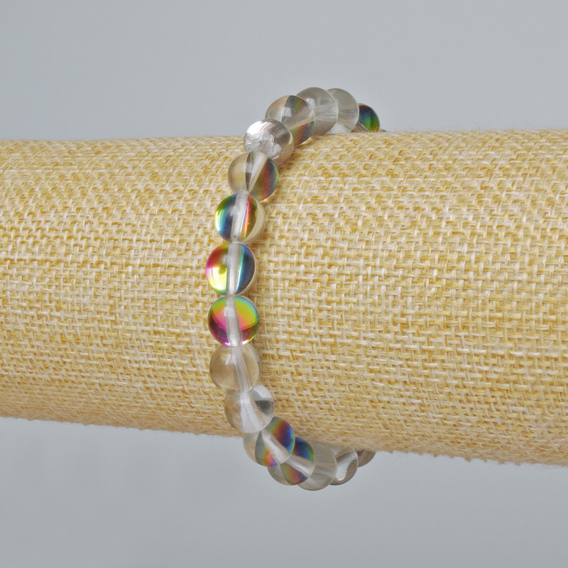 Bransoletka z opalowego szkła, gładkie kulki, kolor biały przezroczysty z efektem chameleonowym, średnica ok. 8 mm, długość ok. 18 cm (rozciągana)