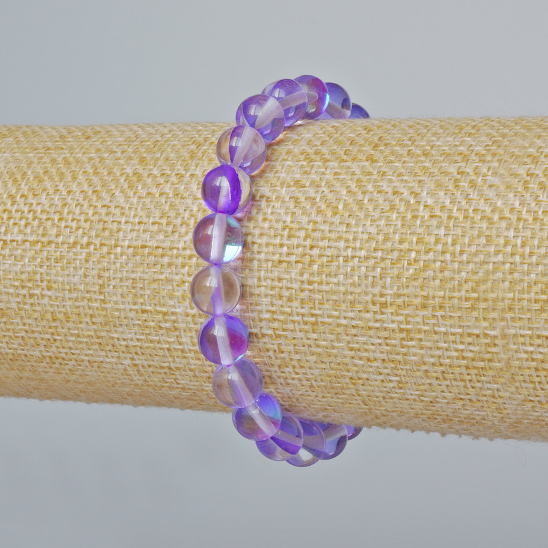 Bransoletka ze szkła opalowego, gładkie kuleczki, kolor liliowo-przezroczysty kameleon, średnica 8 mm, długość 18 cm ± (elastyczna)