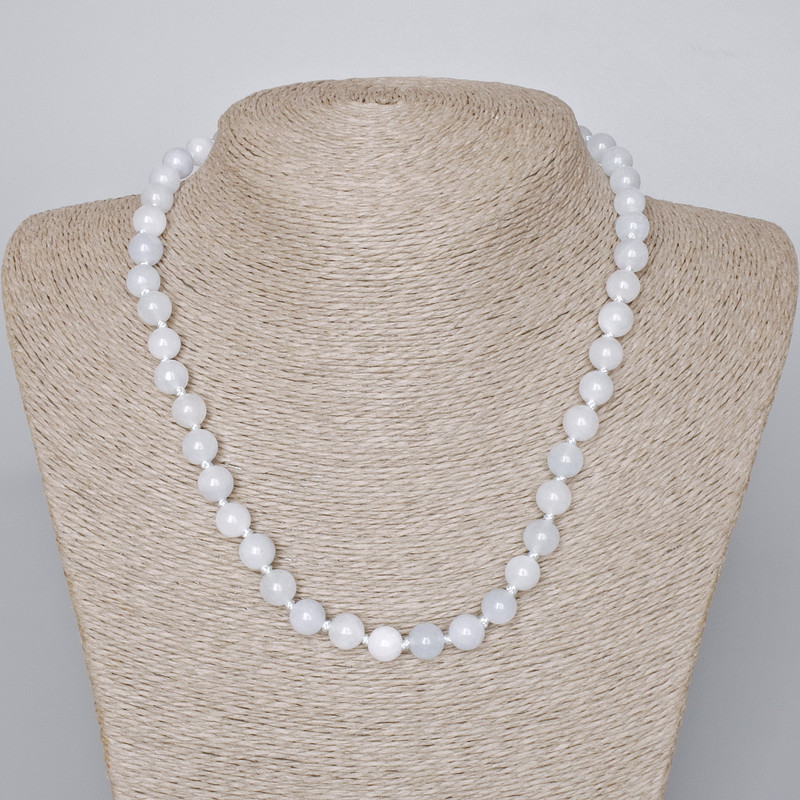 Naszyjnik z akwamarynu, naturalny kamień, gładka kulka, średnica 8 mm, długość 46–49 cm